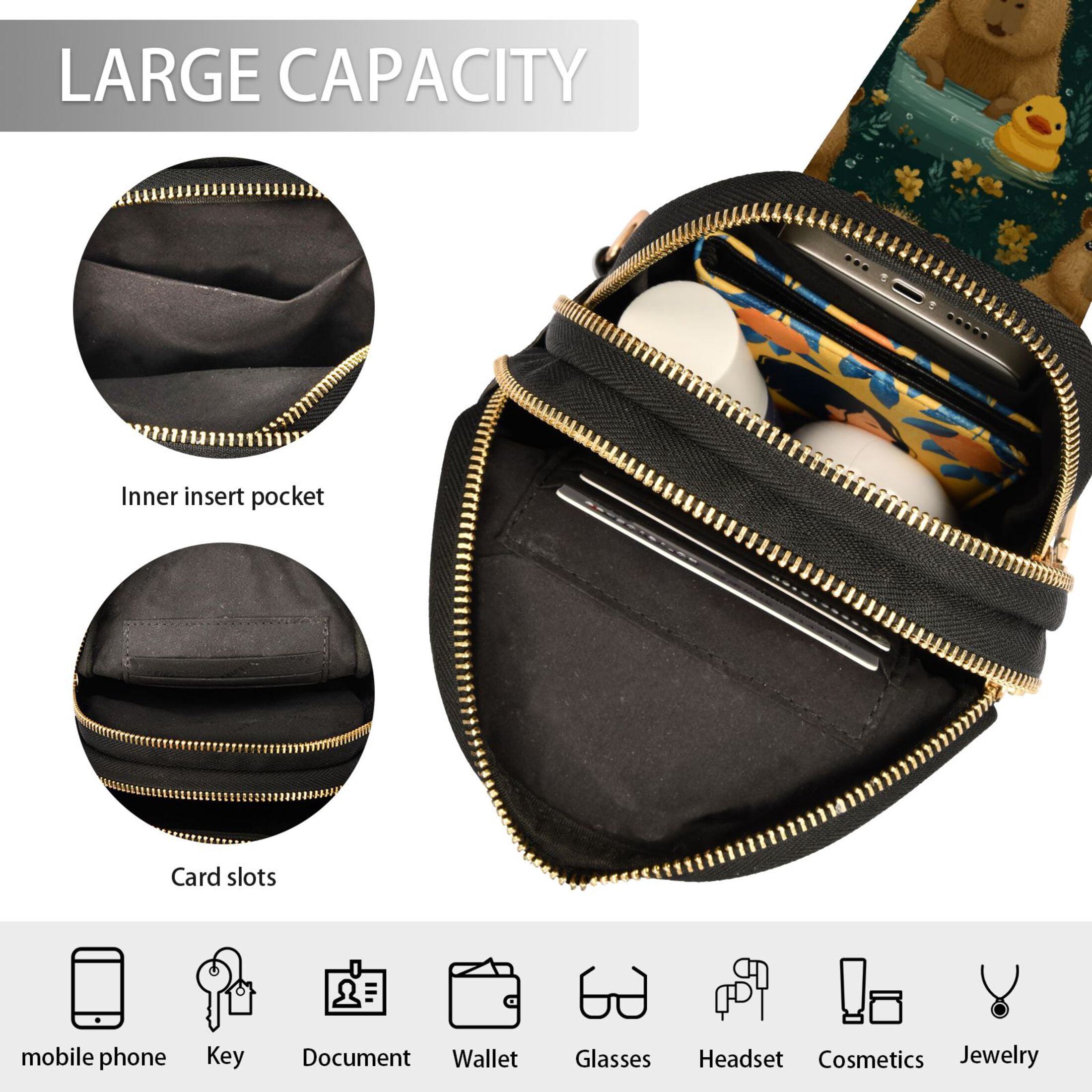 ALAZA Capybara Cute Ducks Sling Bag for Women Men Waterproof Crossbody Chest Bags