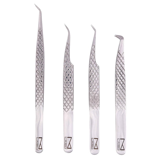 Pinzas de pestañas M para extensiones de pestañas (juego de 4) - Pinzas de extensión de pestañas profesionales - Pinzas de extensión de pestañas con agarre de diamante de acero japonés con punta de fi