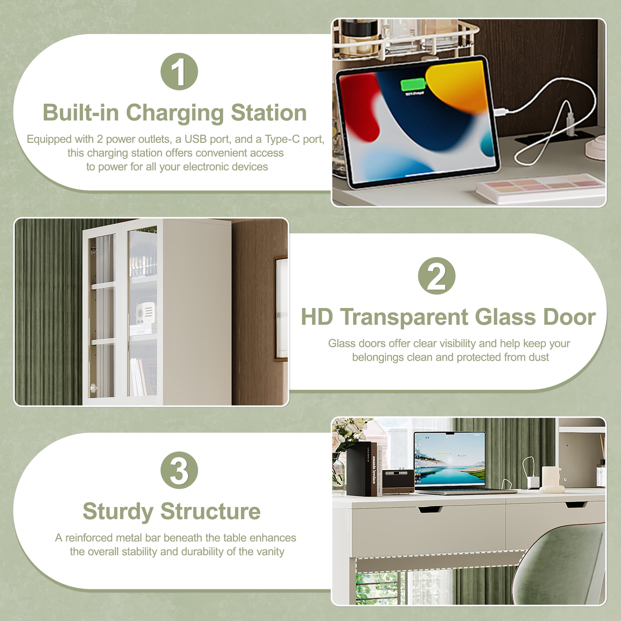 Euroco Multi-functional Vanity Desk with Mirror, Charging Station & Storage Cabinets — Ideal for Makeup, Office, and Study Use