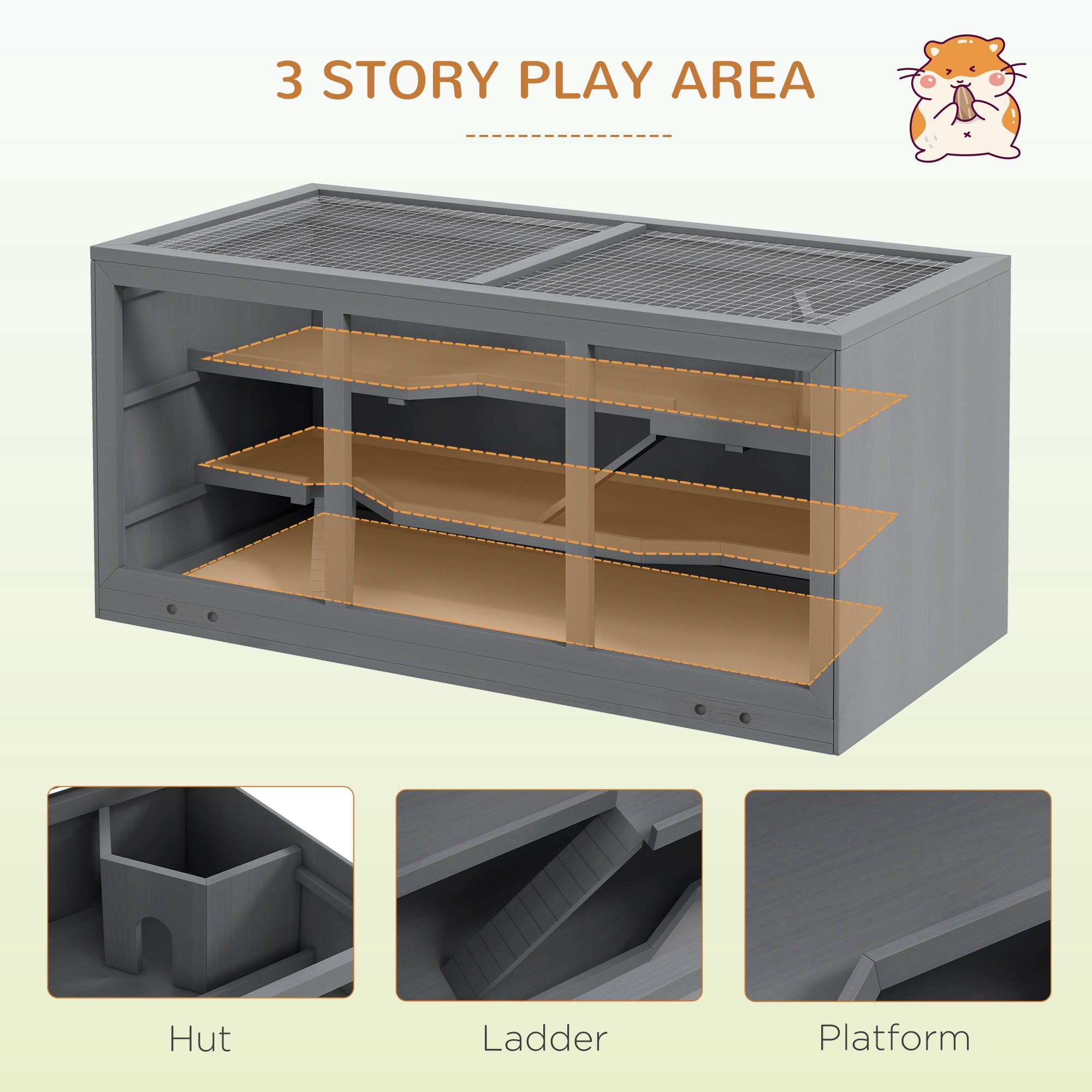 PawHut Large Wooden Hamster Cage W/ Hut, Small Animal Habitat, Gray