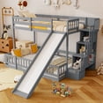 thumbnail image 3 of Twin Over Full Bunk Bed with Slide, Storage Staircase, Solid Wooden Floor Bunk Beds with Guardrails and Door, Maximize Space（Gray), 3 of 8