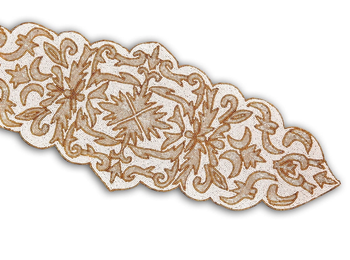 Handmade Beaded Table Runner, White And Gold Table Runner, Contemporary Table Topper 13X36 Inch