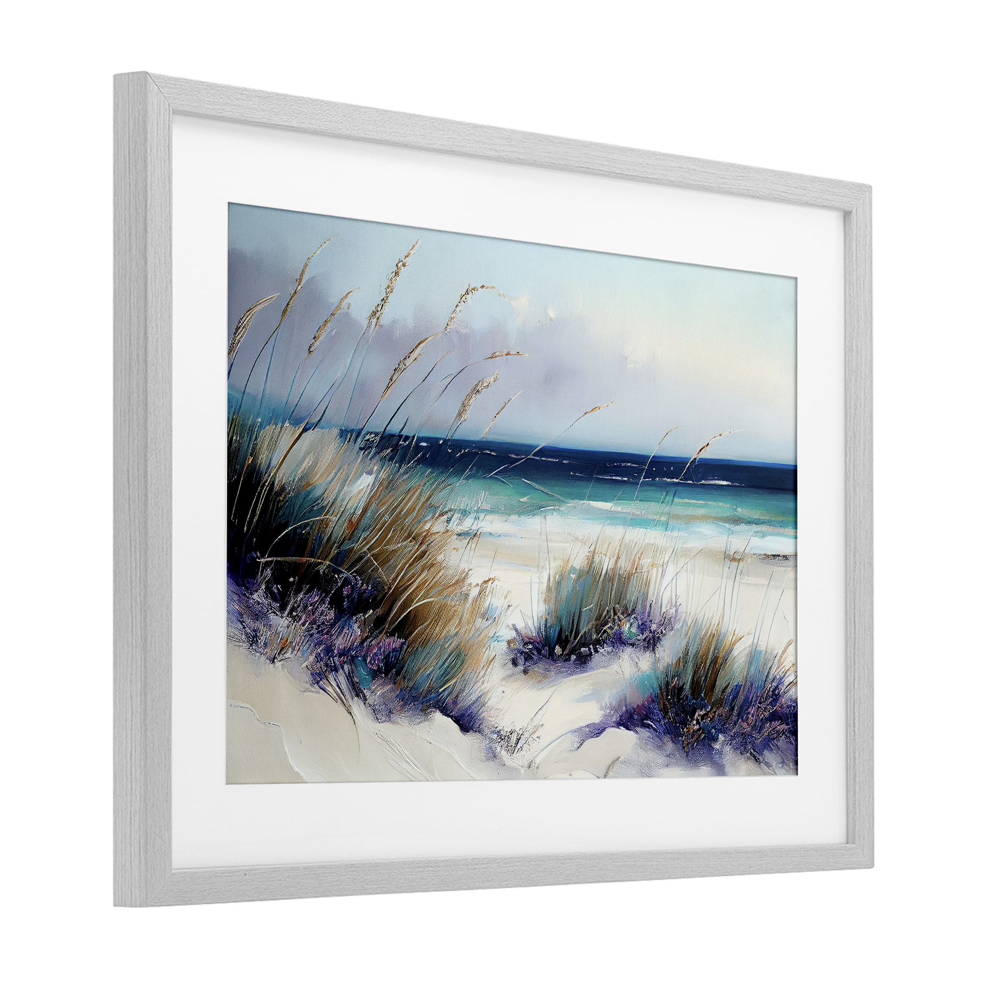 Euphoria Beach Dunes Gray Framed Print Under Glass, design by Sasha