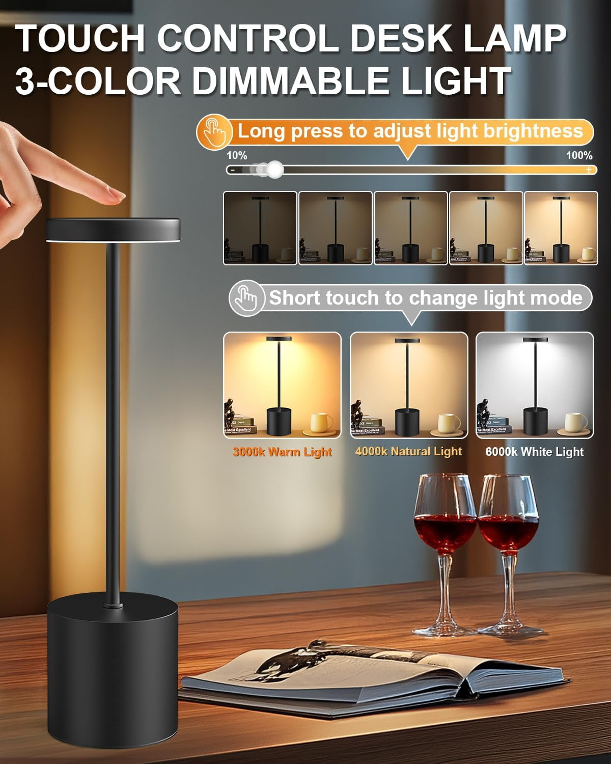 Cordless Table Lamp , Rechargeable 5000mAh Battery Powered Outdoor Table Lamps, Portable LED Desk Lamp, 3 Color Dimmable Light for Restaurant, Patio, Bedroom, Bedside Night Lamp(Black)