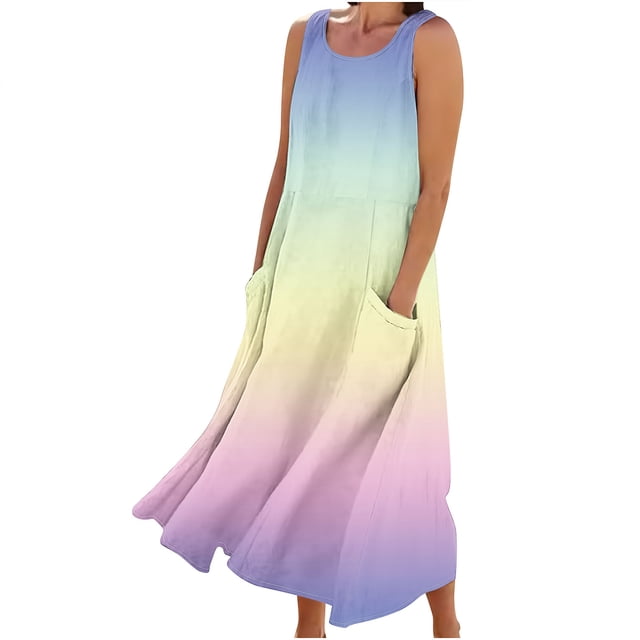 FAIWAD Robes d'Été Grande Taille pour Femmes 2024 Sans Manches Décontractées Robe Maxi Dégradé Boho Plage Robe Débardeur