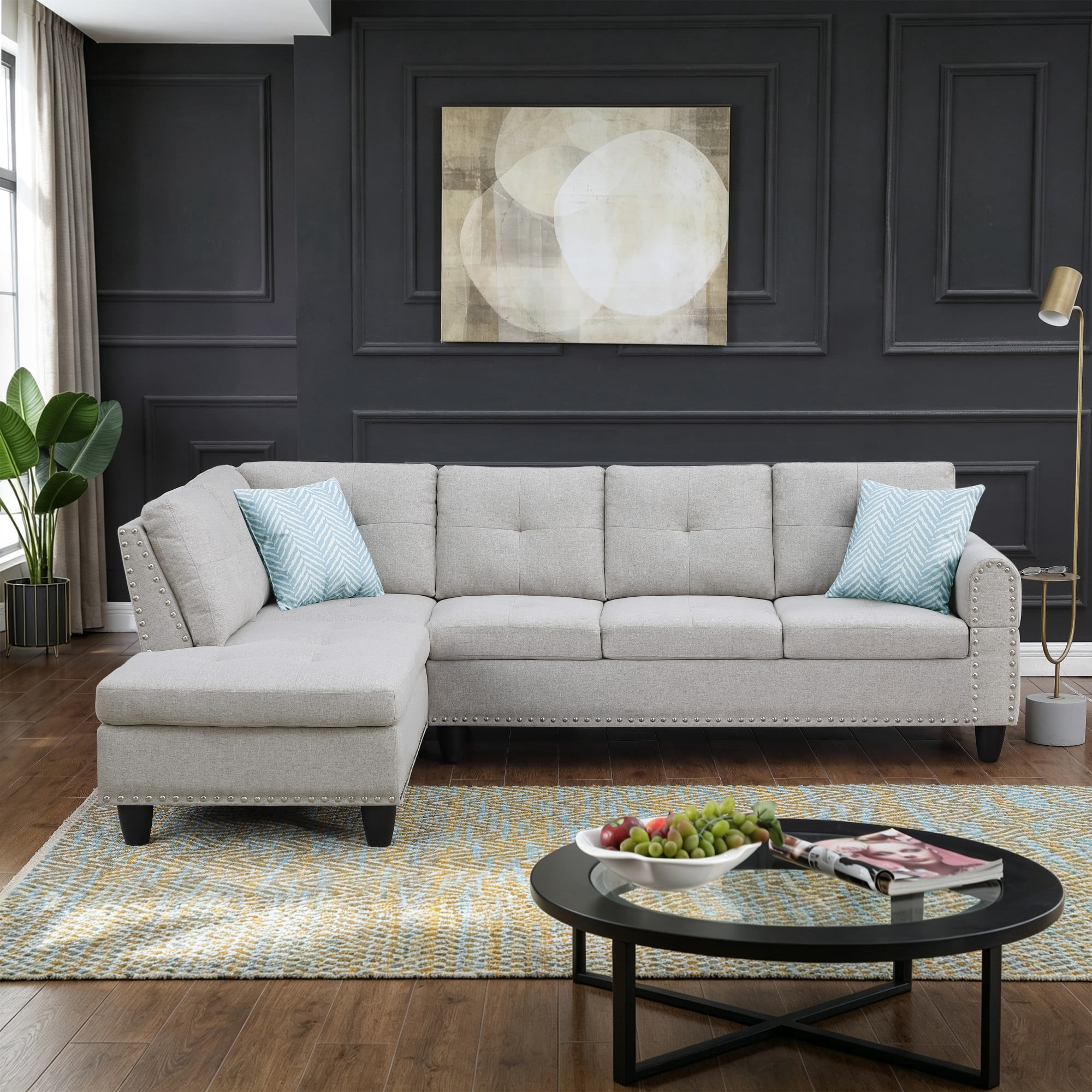 BSHTI 3-Seat Contemporary Linen L-Shaped Sectional Sofa with Chaise, Pull-Down Cup Holders, Toss Pillows for Living Room（Light Gray）