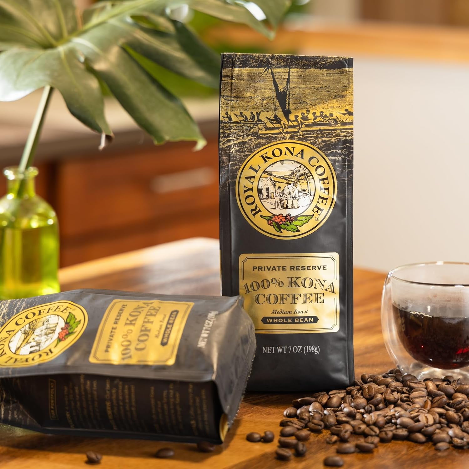 Royal Kona Coffee Medium Light Roast Whole Bean Coffee, 100% Hawaiian Kona Coffee, 7oz 2-pack