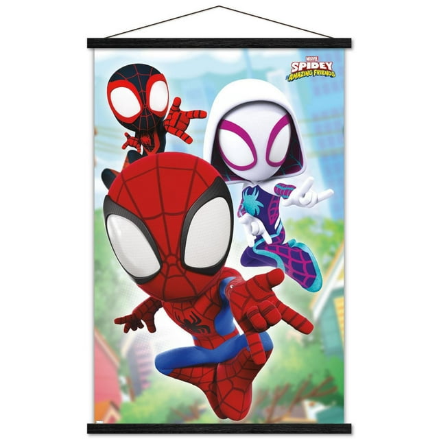Marvel Spidey and His Amazing Friends - Affiche Murale de Toiles, 22,375 Po x 34 Po Représentant Trois Personnages Animés de Spider-Man en Rouge, Noir et Blanc-Violet en Ensembles dans des poses Dynamiques de Prise de Vue en Toile sur un Fond Banlieusard Flou, Imprimée sur Papier Lustré, Convient à la Décoration Murale de Chambre Ou de Bureau.