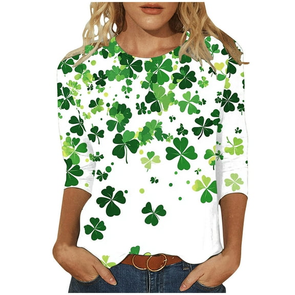 LYEAA St Patricks Day Shirt for Women 3/4 Sleeve Plus Size Crew Neck Shamrocks Print Tunic Loose T-Shirts Casual Comfort Fashion Pullover Graphic Tees Multicolor 2XL