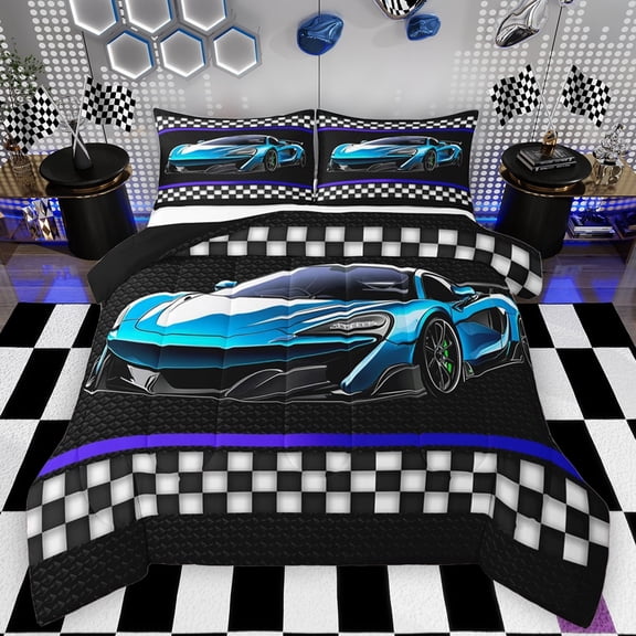 Feelyou Futuristic Race Car Bedding Comforter Set, Blue Cartoon Automobile Twin Comforter Sets, Teens Kids Boys Girls Reversible Bedding Set, Super Cozy Room Decor, 2 Pieces