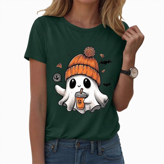 TOWED22 Teacher Halloween Shirt for Womens Read More Books Tshirt Spooky Ghost Shirts Graphic Tee Funny Cute Short Sleeve Tops(Dark Green,S)