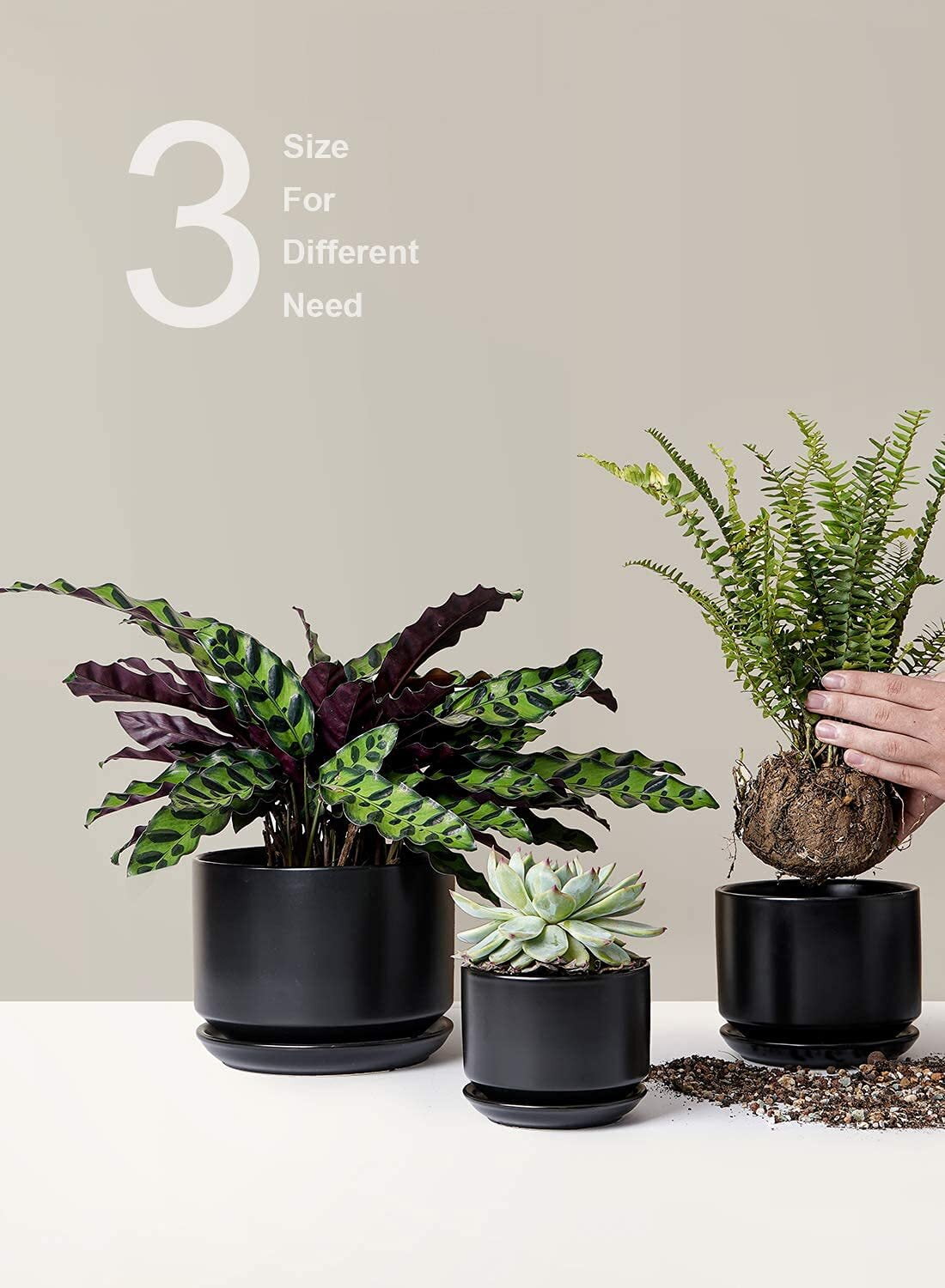 BEMAY Ceramic Plant Pots, 4"+5"+6.8" Flower Pots with Drainage Hole & Saucer, Pack of 3, Black