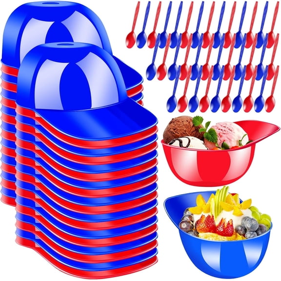 36 PCS Baseball Helmet Ice Cream Bowls,8 oz Mini Baseball Cap Bowls with 36 Pieces Taster Spoons,Plastic Dessert Candy Bowl for Birthday Sports Party Supplies,Red Blue