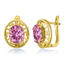 Gem Stone King 18K Yellow Gold Plated Silver Pink Moissanite Greek Key Earrings for Women (5.64 Cttw, Gemstone Birthstone, Oval 10X8MM)