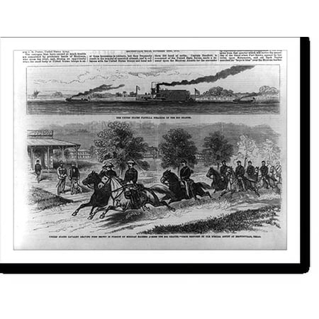 Historic Print, 2 illustrations: 1. The United States flotilla steaming up the Rio Grande; 2. United States Cavalry leaving Fort Brown in pursuit of Mexican raiders across the Rio Grande, 16" x 20"
