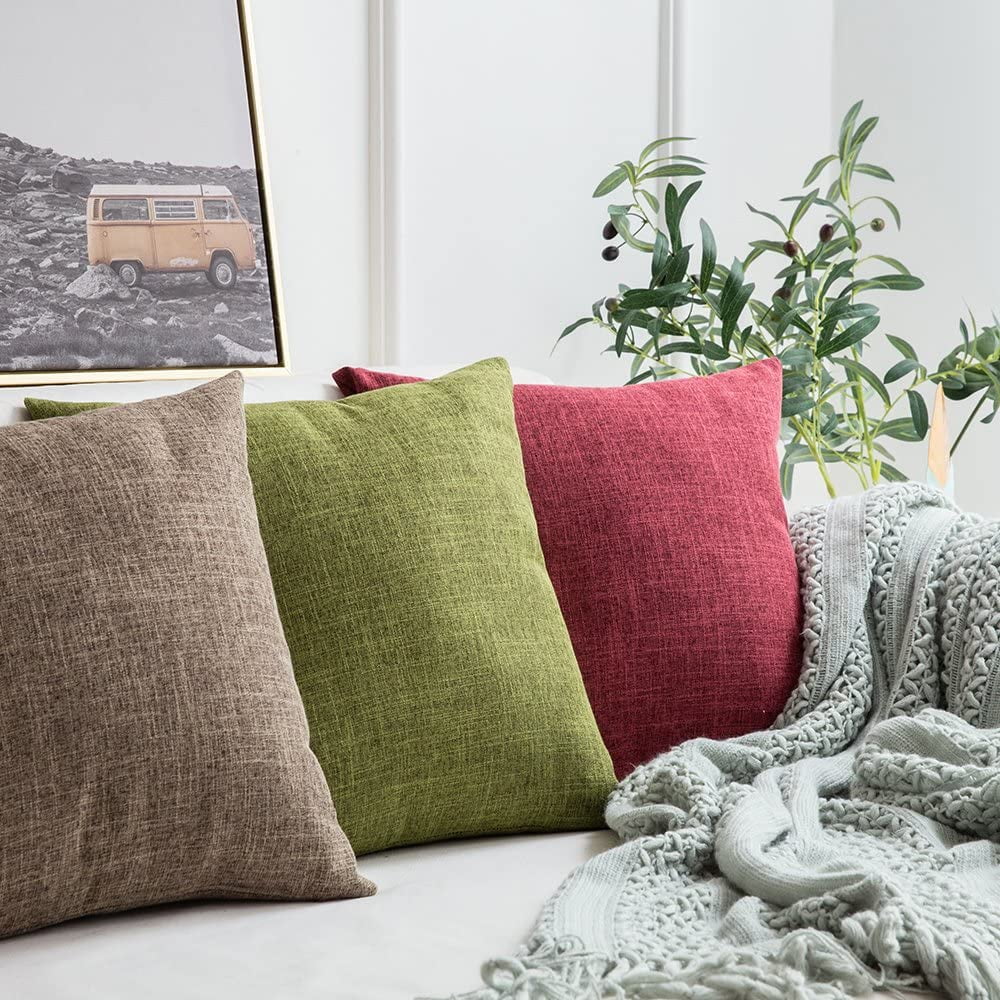 Iguohao Pack Of 2 Decorative Linen Burlap Pillow Cover Square Solid Throw Cushion Case For Sofa Car Couch 18x18 Inch Light Blue Brown