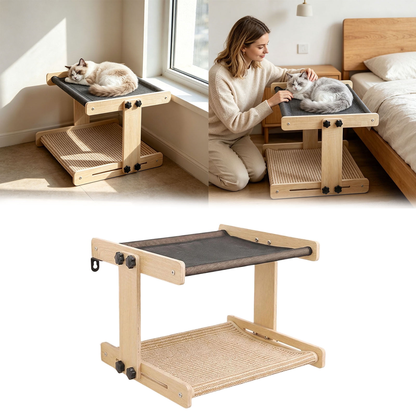 Dual-Level Cat Perch,Wooden Cat Window Perch,Floating Cat Shelf, Cat Hammock Bed, Cat Window Seat, For Indoor Cats 17Inch