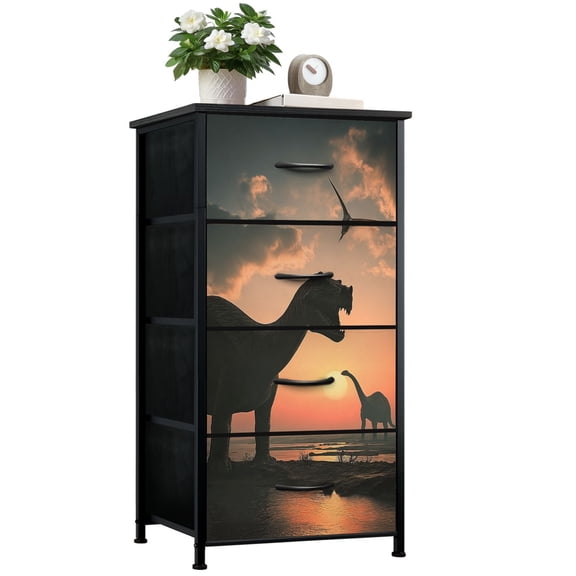 Dresser for Bedroom with 4 Storage Drawers Giant dinosaur colorful sky render Dressers Chest of Drawers Steel Framed Fabric Closet Organizers for Living Room Hallway Entryway Closet Dorm