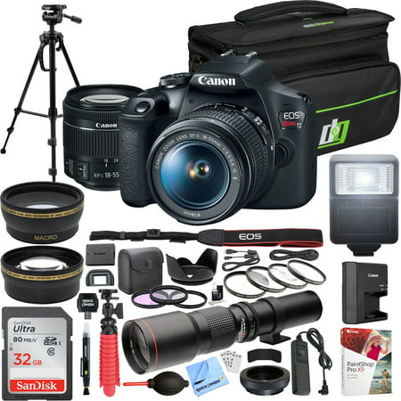 Canon EOS Rebel T7 DSLR Camera with with EF-S 18-55mm f/3.5-5.6 IS II Lens Kit + 500mm Preset f/8 Telephoto Lens + 0.43x Wide Angle, 2.2X Pro