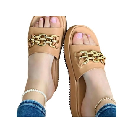 

Woobling Ladies Sandals Slip On Slides Beach Flat Sandal Indoor Outdoor Slide Slippers Casual Shoes Summer Chain Apricot 7