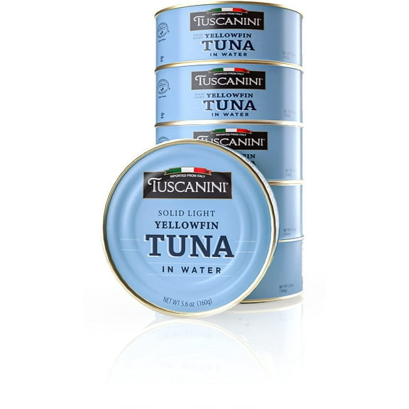 Tuscanini Italian Solid Light Yellowfin Tuna in Water 5.6oz 6 Pack Gluten Free, Soy Free, Mineral Enriched, Kosher for Passover, Product of Italy