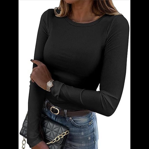 Camisetas de Larga para Mujer, Tops Ajustados de Punto Acanalado, Conjuntos de Otoño, Camisetas Informales, Ropa Interior, Ropa Interior, Negro S