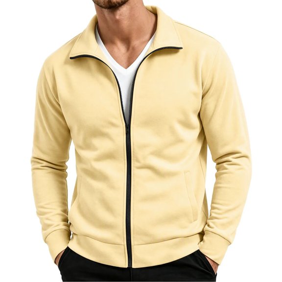 WIZUTIZ Men's Solid Color Zip Up Hoodless Sweatshirt Jacket Long Sleeve Warm Pocket Outerwear For Winter Daily