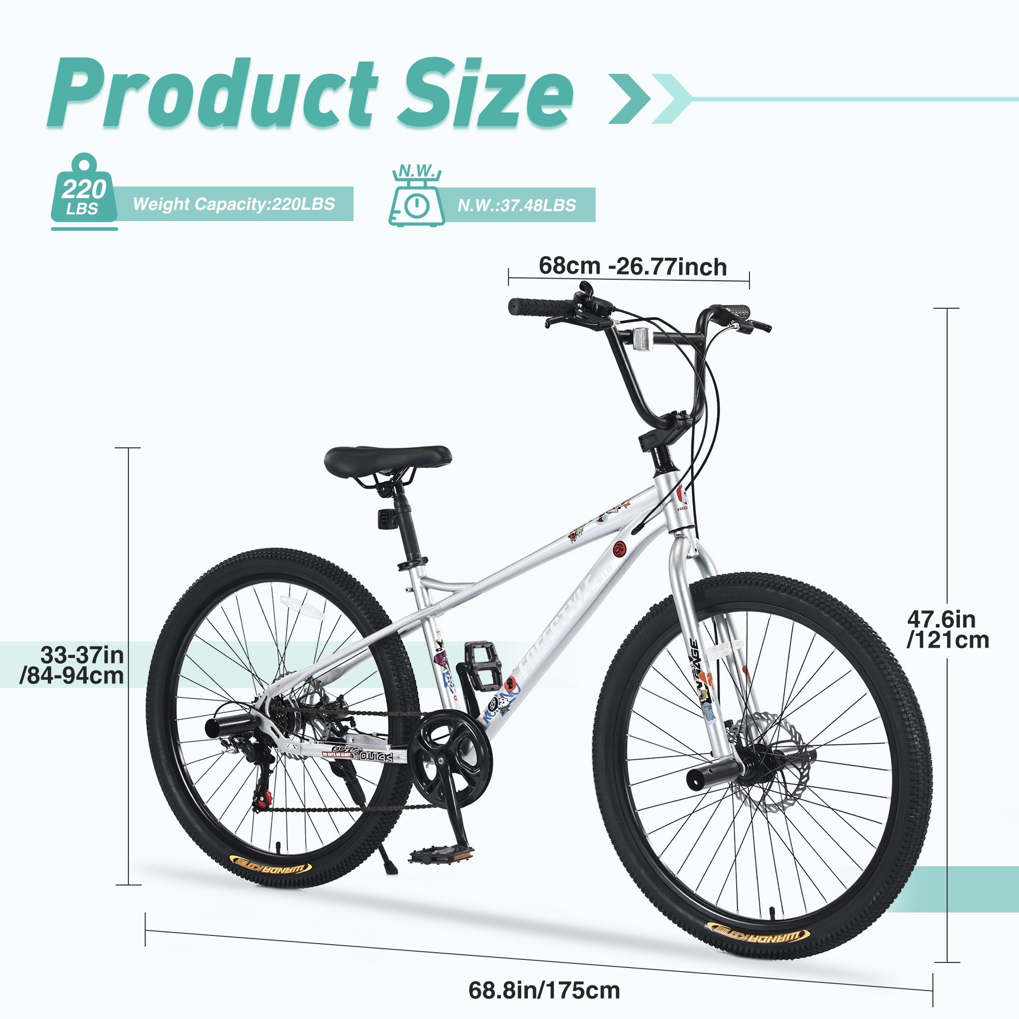 Aukfa 26" Freestyle BMX Bikes,Kids Mountain Bike for Boys Girls,Shimano 7 Speed,Double Disc Brakes,Silver
