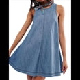 thumbnail image 1 of Vestido Vaquero Estilo Babydoll Sin Mangas para Mujer, Informal, de Verano, con Espalda Recortada, Corte A, Fluido y Bolsillos Azul XL, 1 of 10