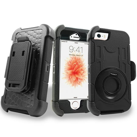 Iphone5s Cigarette Case for iphone 5 iphone5s Case Phone Case Belt Clip Armor Holster Double Kickstands Hybrid Shock Shield Bumper Cover Black ()