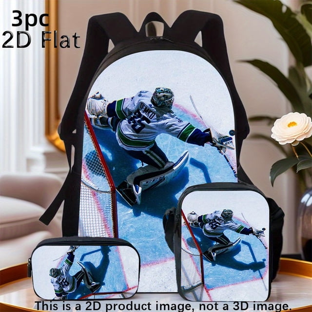 Ice Hockey Backpack Set with Hockey Player Design & Goalie Print - Large Capacity School Backpack with Laptop Compartment, Square Pencil Case & Adjustable Strap - Sports Backpacks for Teens, Hockey F