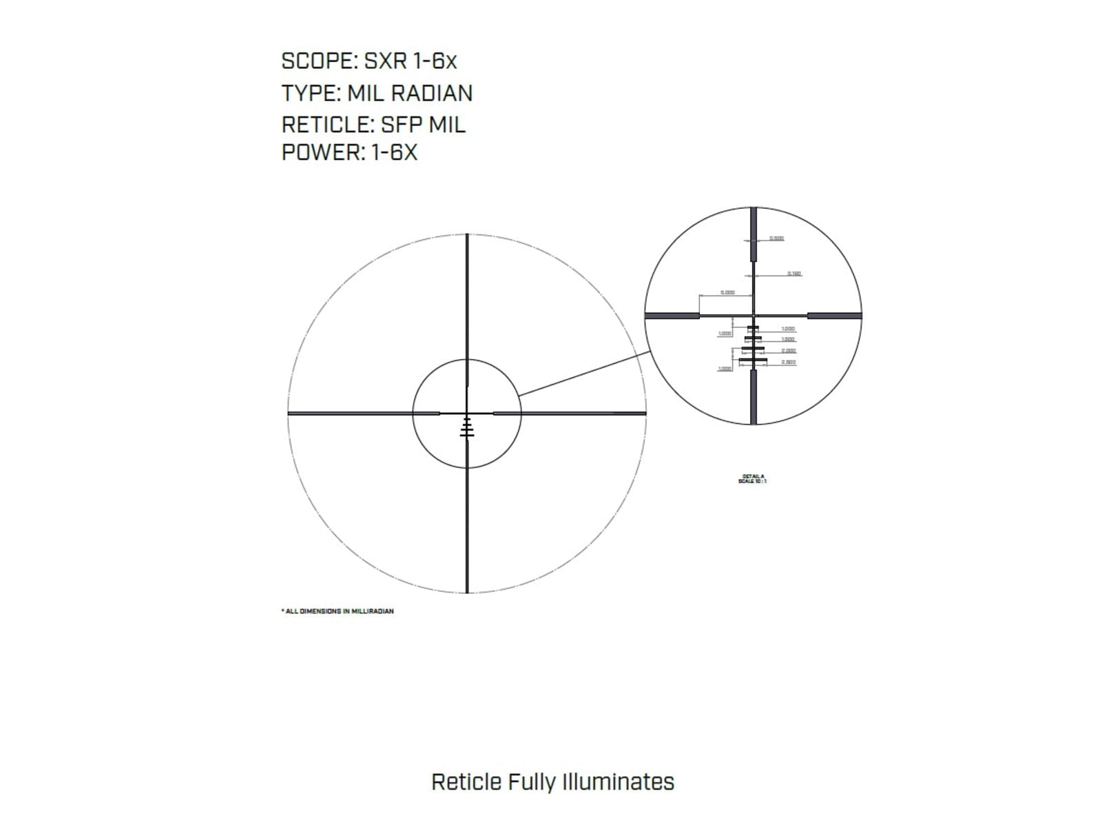 U.S. Optics SXR 1-6x28mm LPVO 34 mm Tube Rifle Scope, Second Focal Plane, Simple Crosshair Reticle, Matte Black