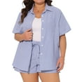 thumbnail image 2 of DARING DIVA Women's Plus 2 Pcs Striped Button Down Outfit Short Sets 1X Blue and White, 2 of 6