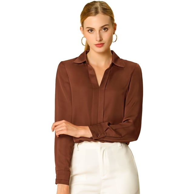 Camisa de trabajo Unique Bargains de manga larga elegante con cuello En V para mujer Marrón L