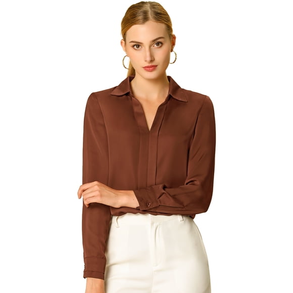 Camisa de trabajo Unique Bargains de manga larga elegante con cuello En V para mujer Marrón L