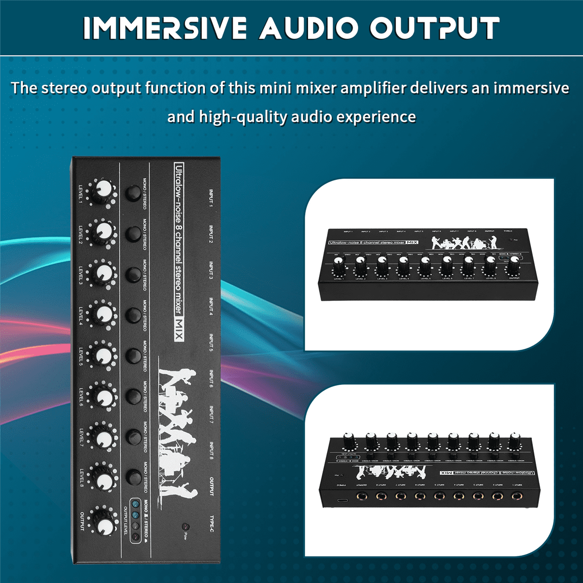 Professional 8-Channel Stereo Mixer Portable Sound Audio Mixer with Low-Noise Functionality for Recording Instruments,1 * Mixer 1 * Type-C Cable,Black