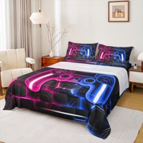Feelyou Pink Blue Gamepad Bed Sheets for Teen, Video Games Controller King Sheets, Neon Glowing Honeycomb Sheet Set, Luxury Bedroom Decor, 4-Piece
