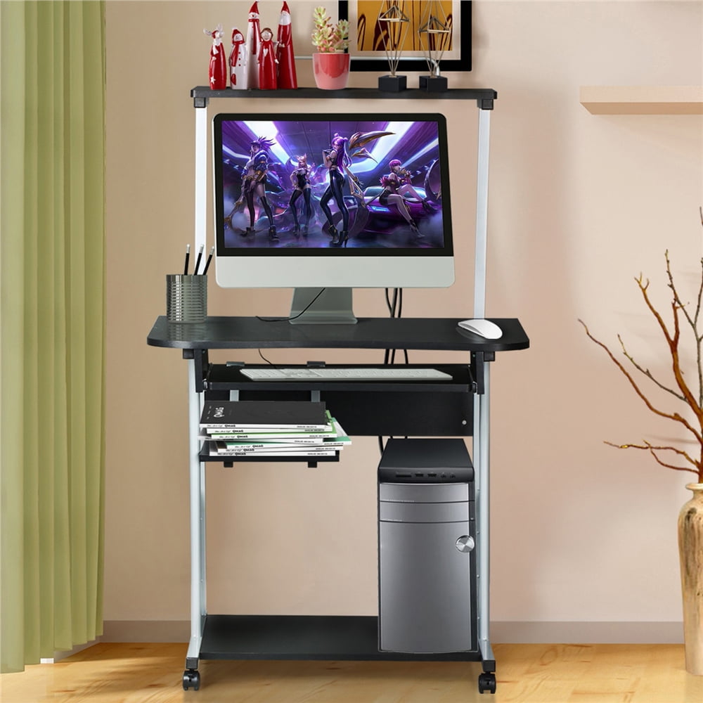 Alden Design Metal Portable Computer Desk with 4 Storage Shelves and Keyboard Tray, Black/Gray