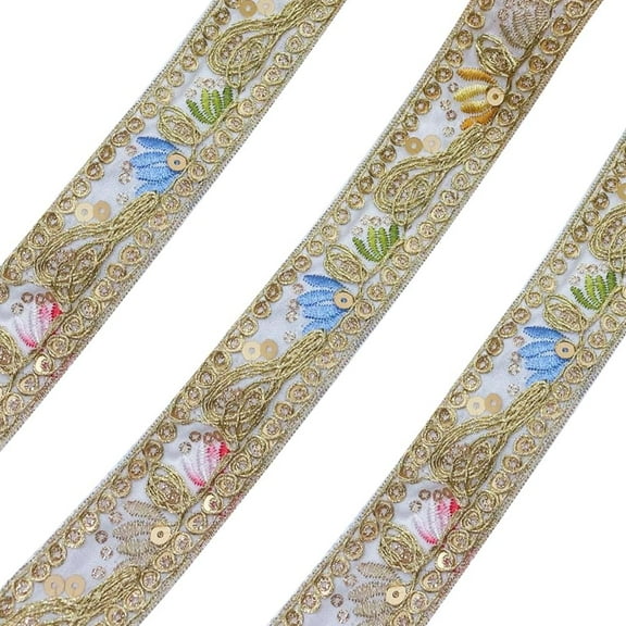 Jacquard Ribbon Trim White Gold Boho Metallic Vintage Embroidery Trim Tape Sequin Beaded Lace Ethnic Embroidered Ribbons Applique Bulk