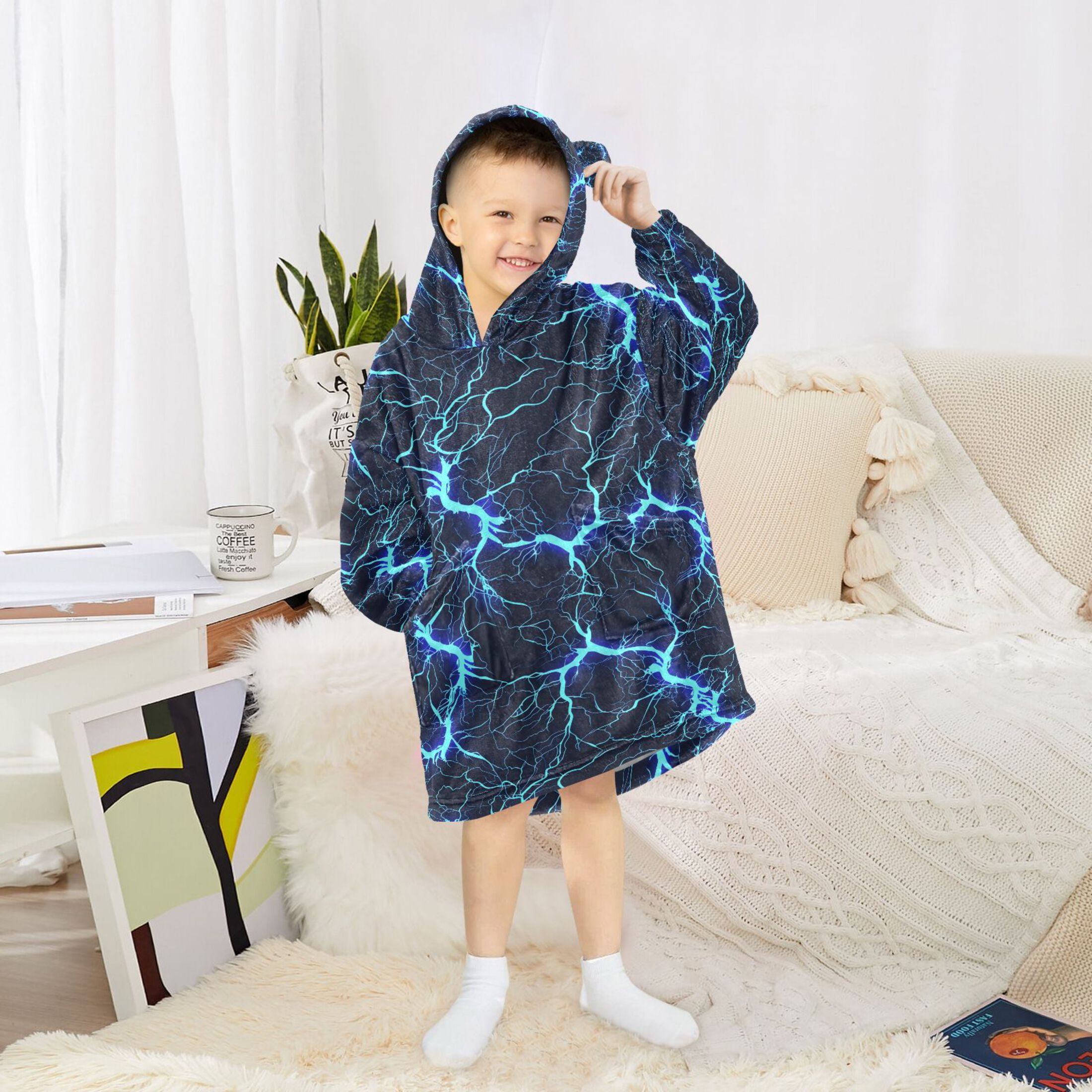 joogoo Wearable Blanket Hoodie for Blue Lightning Flannel Sherpa Pocket 3-14 YR S