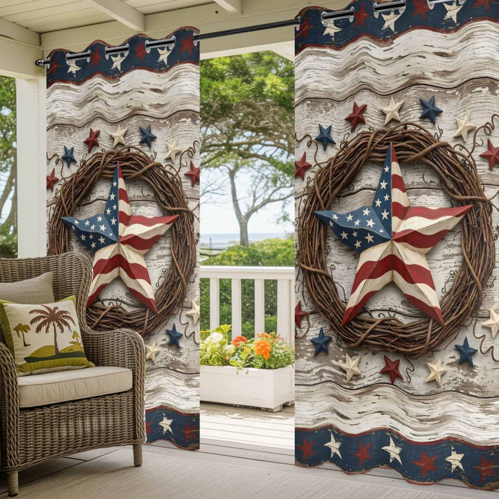 Independence Day Outdoor Curtains for Patio, Usa Flag Stars Vine Wreath Rustic Wood Grain Sunshade Privacy Drapes Grommet Waterproof Outside Curtains for Porch/Cabana/Balcony 54"x 108", 1 Panel