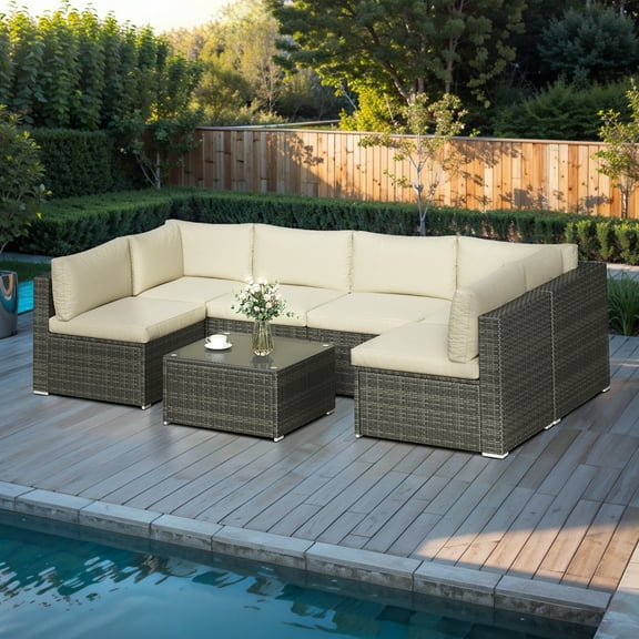 CozyHom Outdoor 7-Piece Patio Furniture Set, Wicker Patio Conversation Sets with Cushions and Coffee Table, All Weather Outdoor Modular Sectional Sofa for Porch Balcony Backyard Deck, Beige
