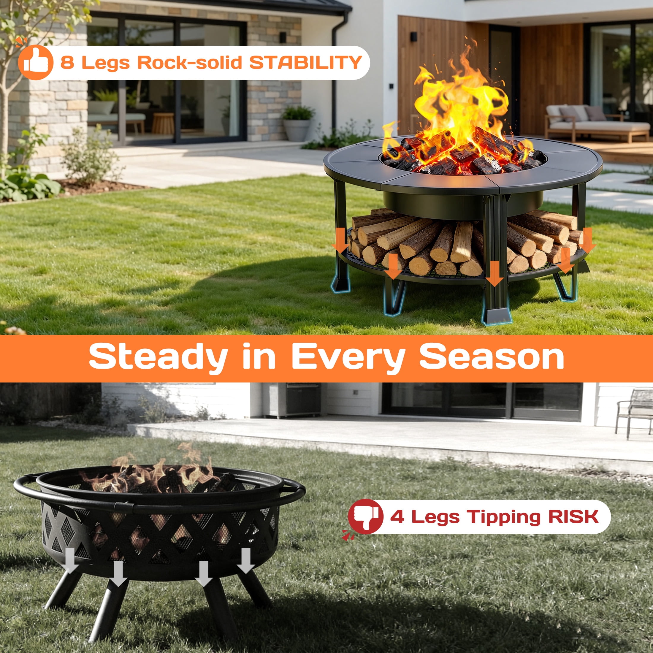38" Fire Pits for Outside, SEGMART Outdoor Fire Pit, Round Wood Burning Fire Pit with Grill, Poker, Waterproof Cover, Fire Pit Table for Patio BBQ, Backyard Fire Pit, Firepit for Outside Patio, Black