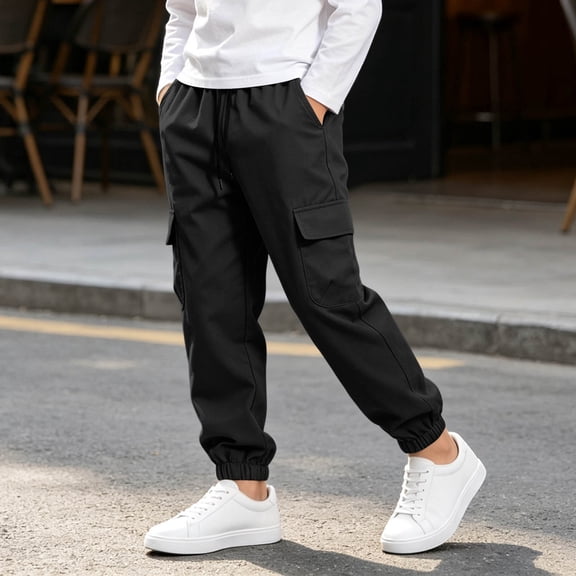 Spazoro Boys Cargo Pants with Multi‑Pockets, Jogger Fit Drawstring Elastic Waist Casual Solid Color Jogger Pants for Kids Black Size 5-6T
