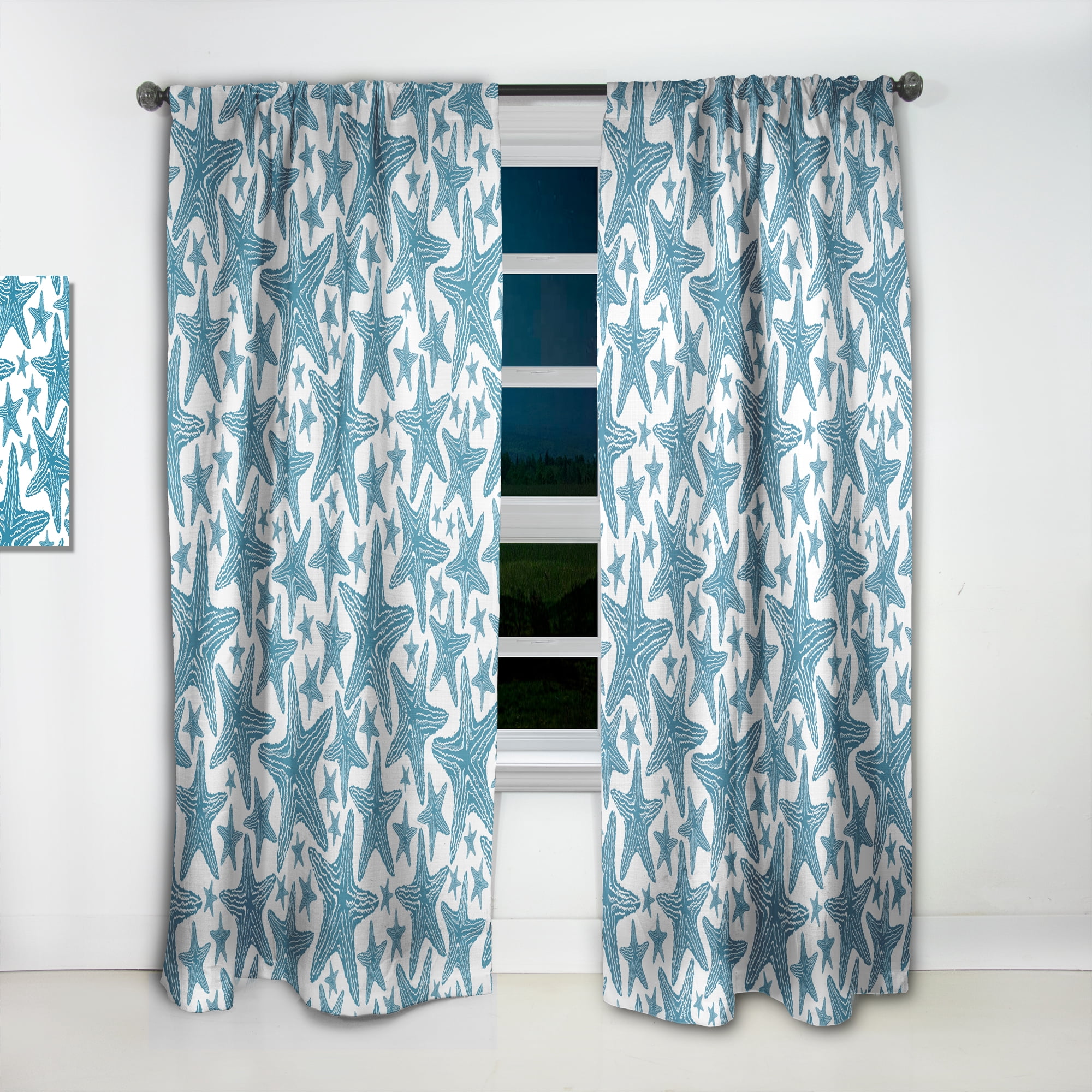 Designart 'Starfish Pattern of Blue ' Coastal Curtain Panel