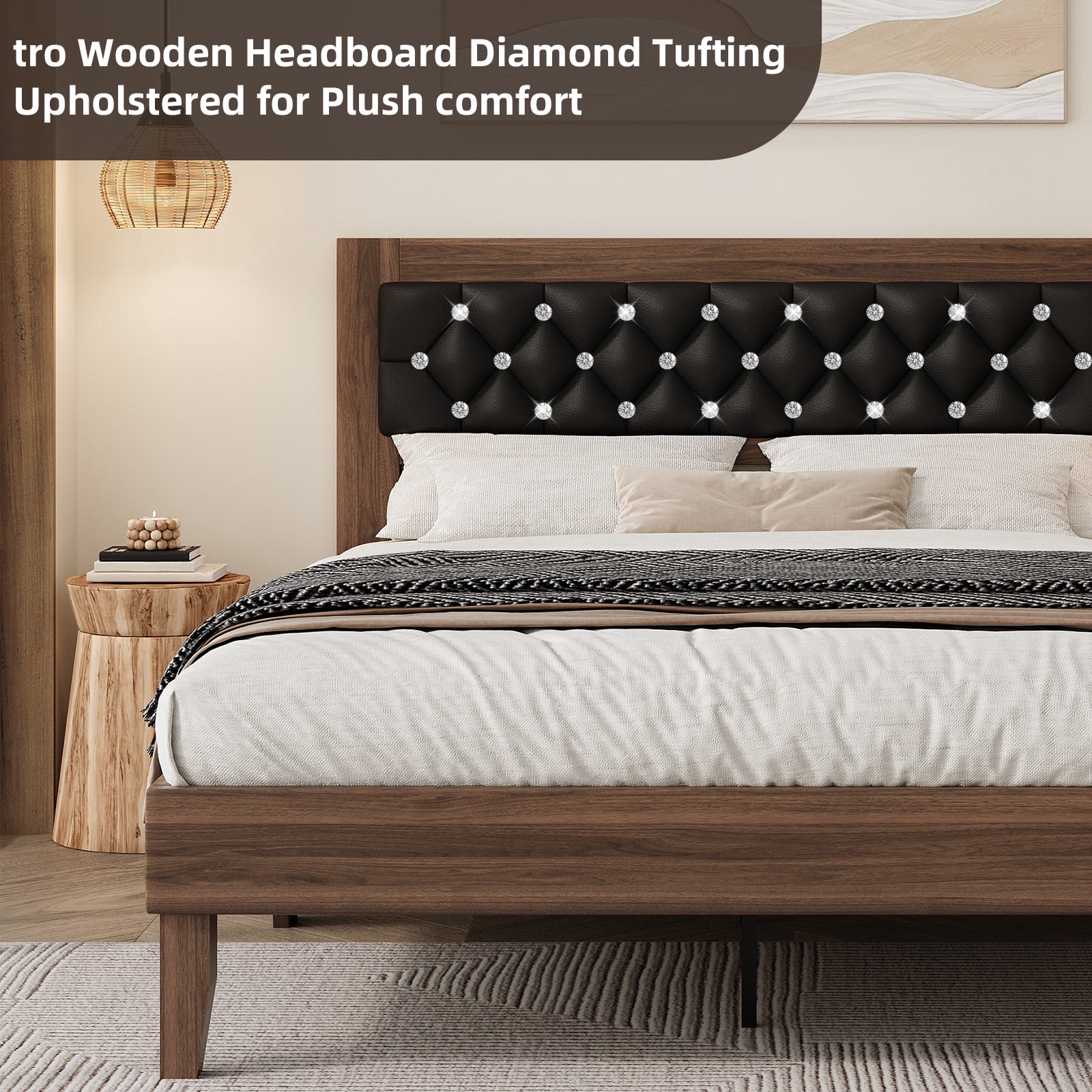 4 EVER WINNER Queen Size Rustic Platform Bed Frame, Luxury Diamond Tufted Headboard, Heavy-Duty Noise-Free, No Box Spring Required, Tool-Free Assembly, Walnut & Black