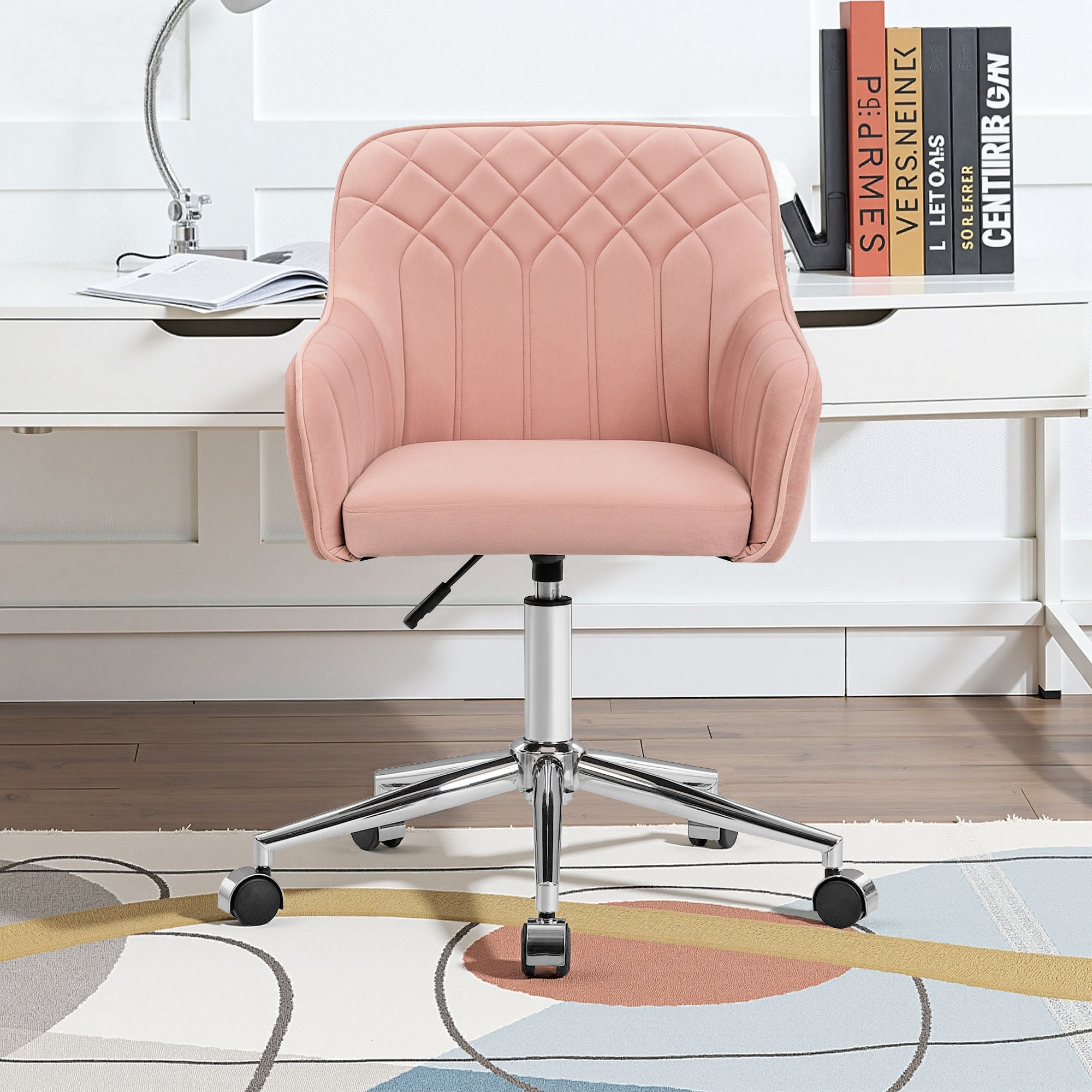 VECELO Modern Velvet Accent Chair, Upholstered Swivel Desk Chair with Silver Base, Adjustable Height Vanity Chair with Wheels for Study, Living Room, Bedroom, Pink