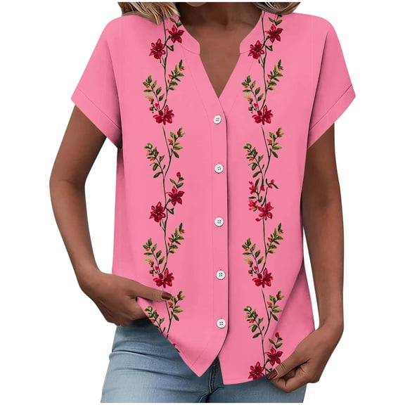 YUGYXL Button Down Shirts for Women Cap Sleeve Floral Printed Tops V Neck Henley Blouse Business Casual Outfits for Daily Pink Tops XXL