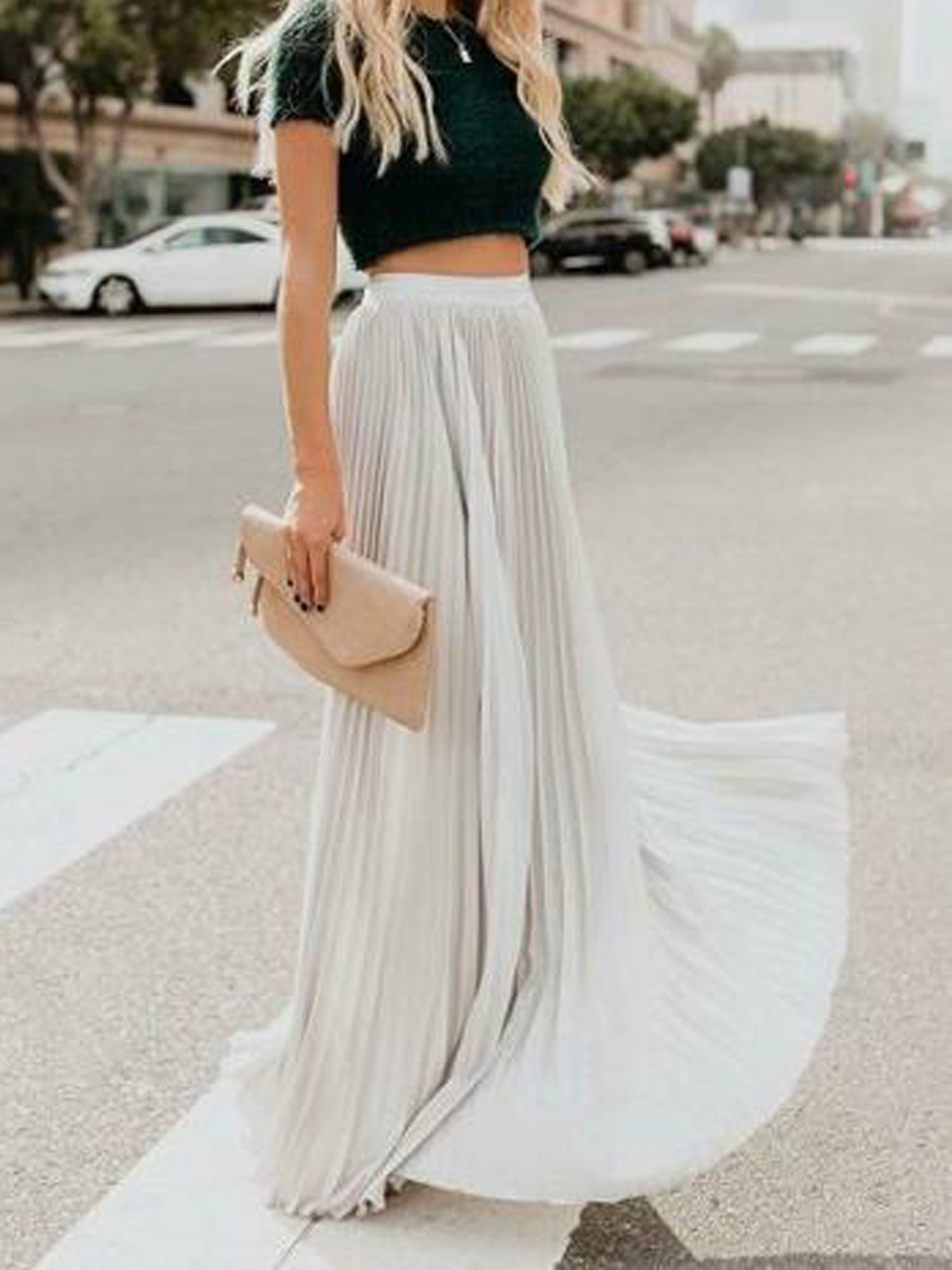 High waisted pleated chiffon maxi skirt top