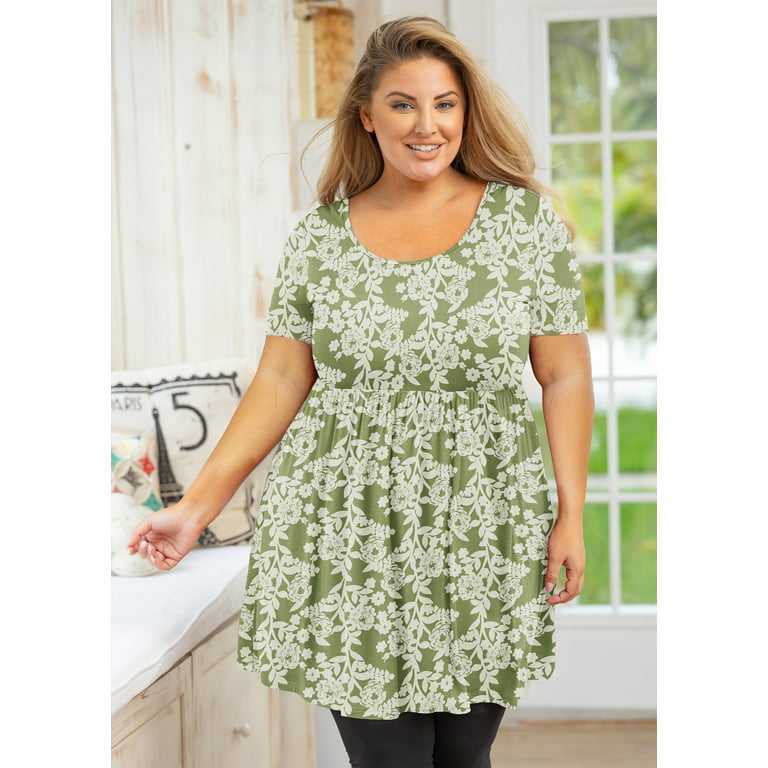 SHOWMALL Plus Size Tunic for Women Short Sleeves Green Roses 3X Tops Scoop  Neck Clothes Summer Flowy Maternity Clothing Shirt